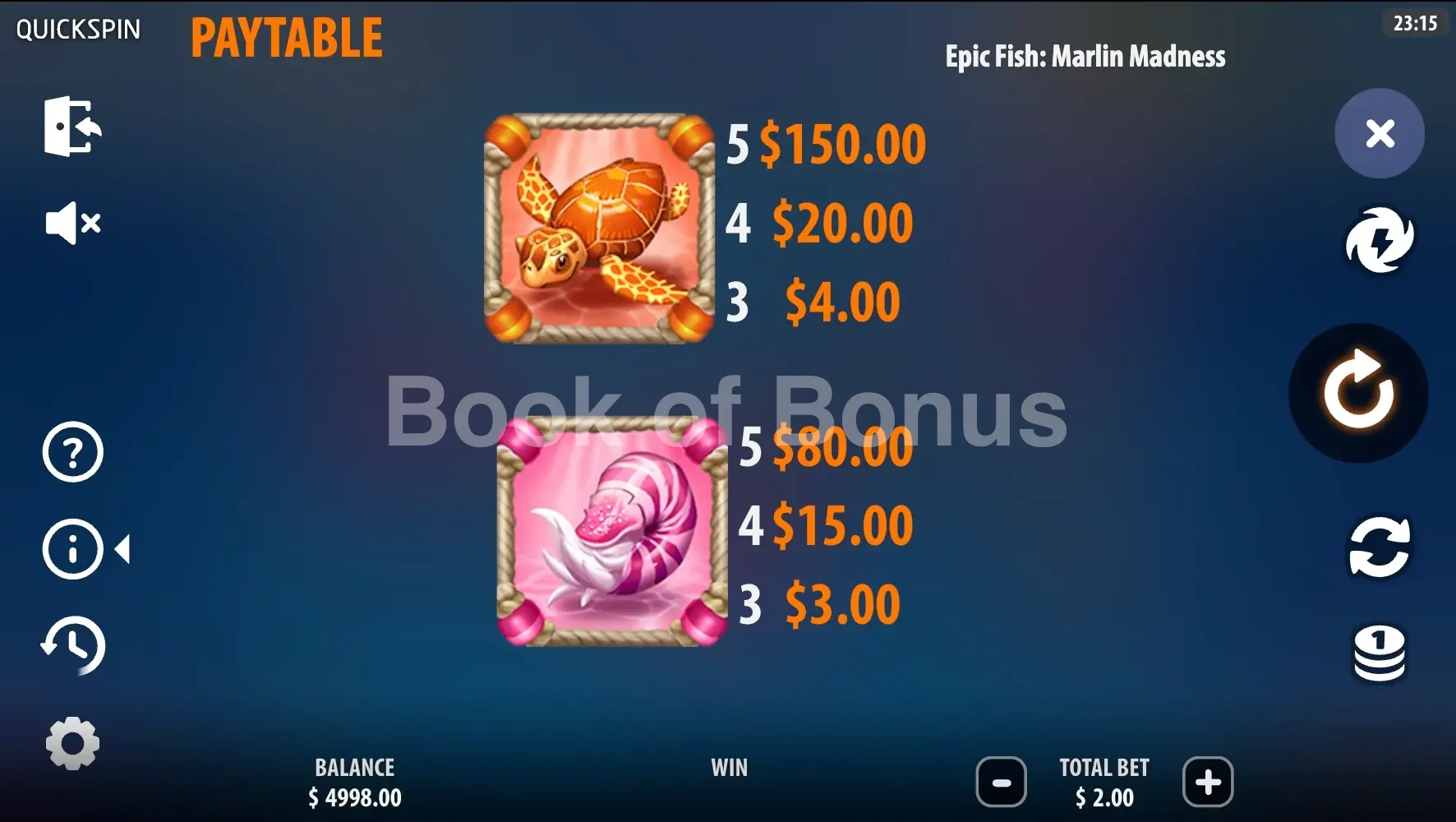 Epic Fish Marlin Madness par Quickspin - table des gains et valeurs des symboles