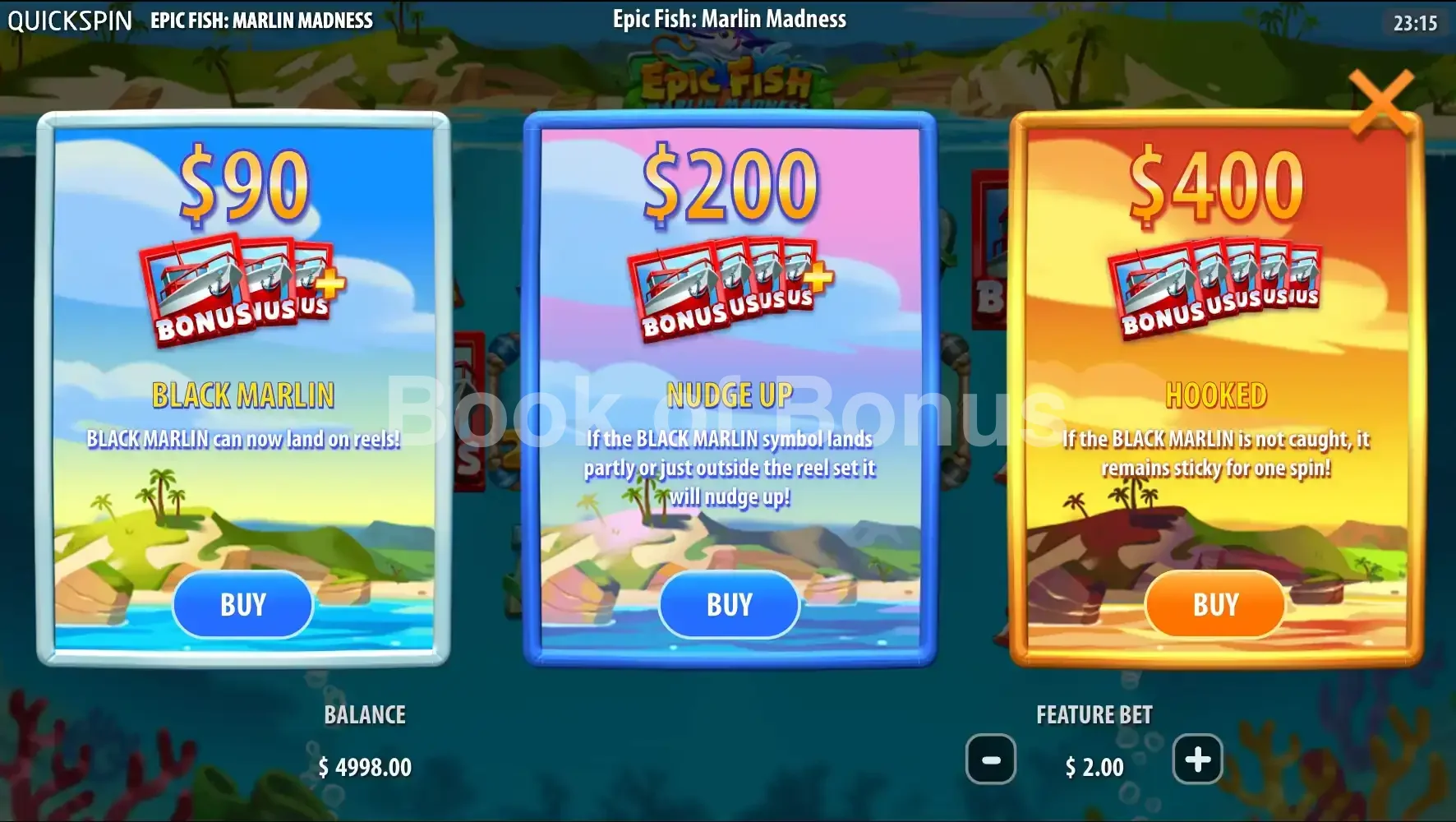 Epic Fish Marlin Madness par Quickspin - menu d'achat de bonus et options