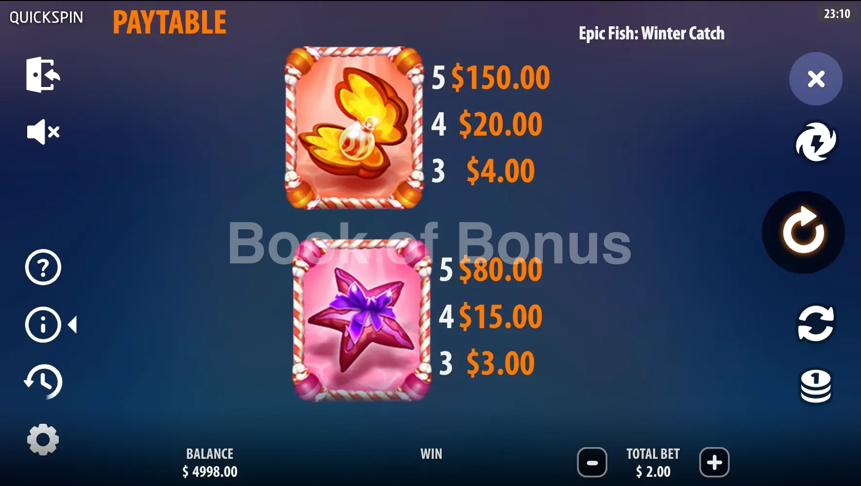 Epic Fish Winter Catch par Quickspin - table des gains et valeurs des symboles