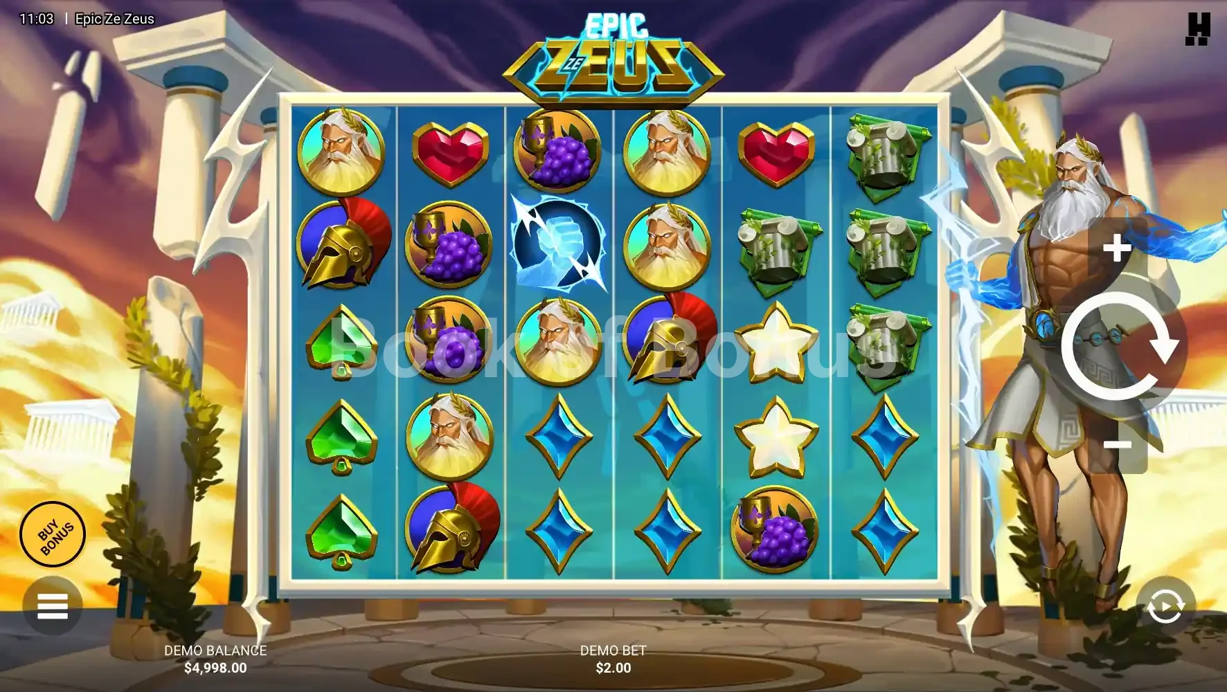 Epic Ze Zeus par Hacksaw Gaming - jeu de base et disposition des rouleaux