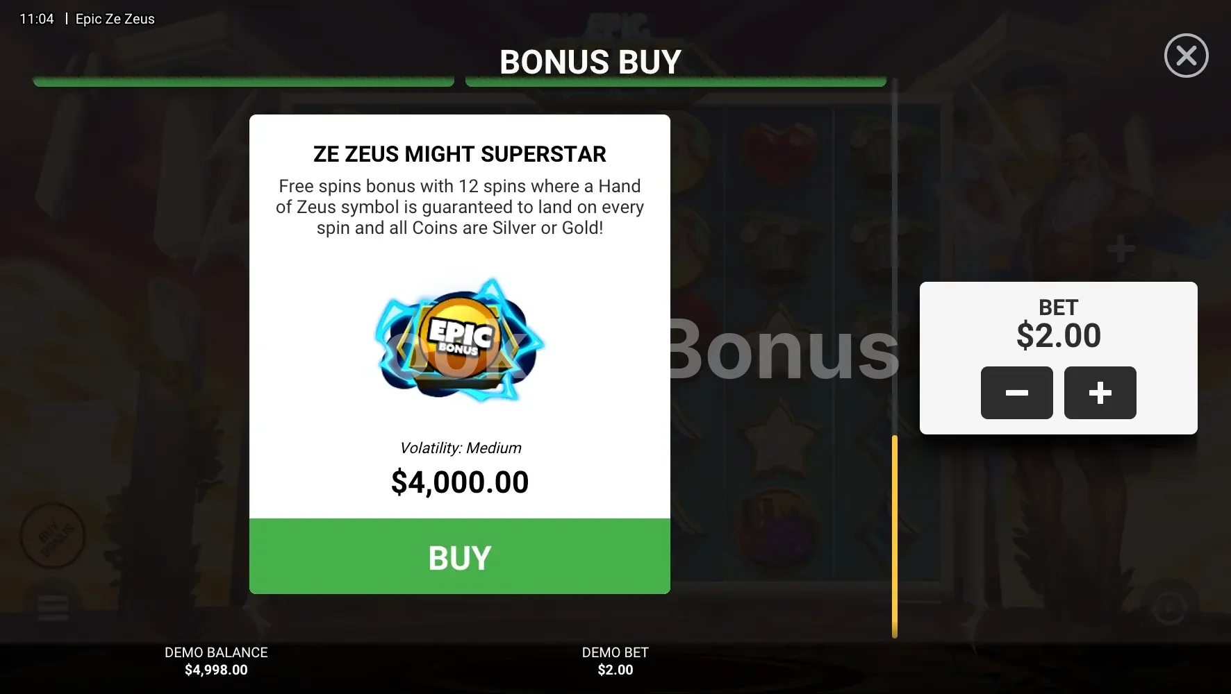Epic Ze Zeus par Hacksaw Gaming - menu d'achat de bonus et options