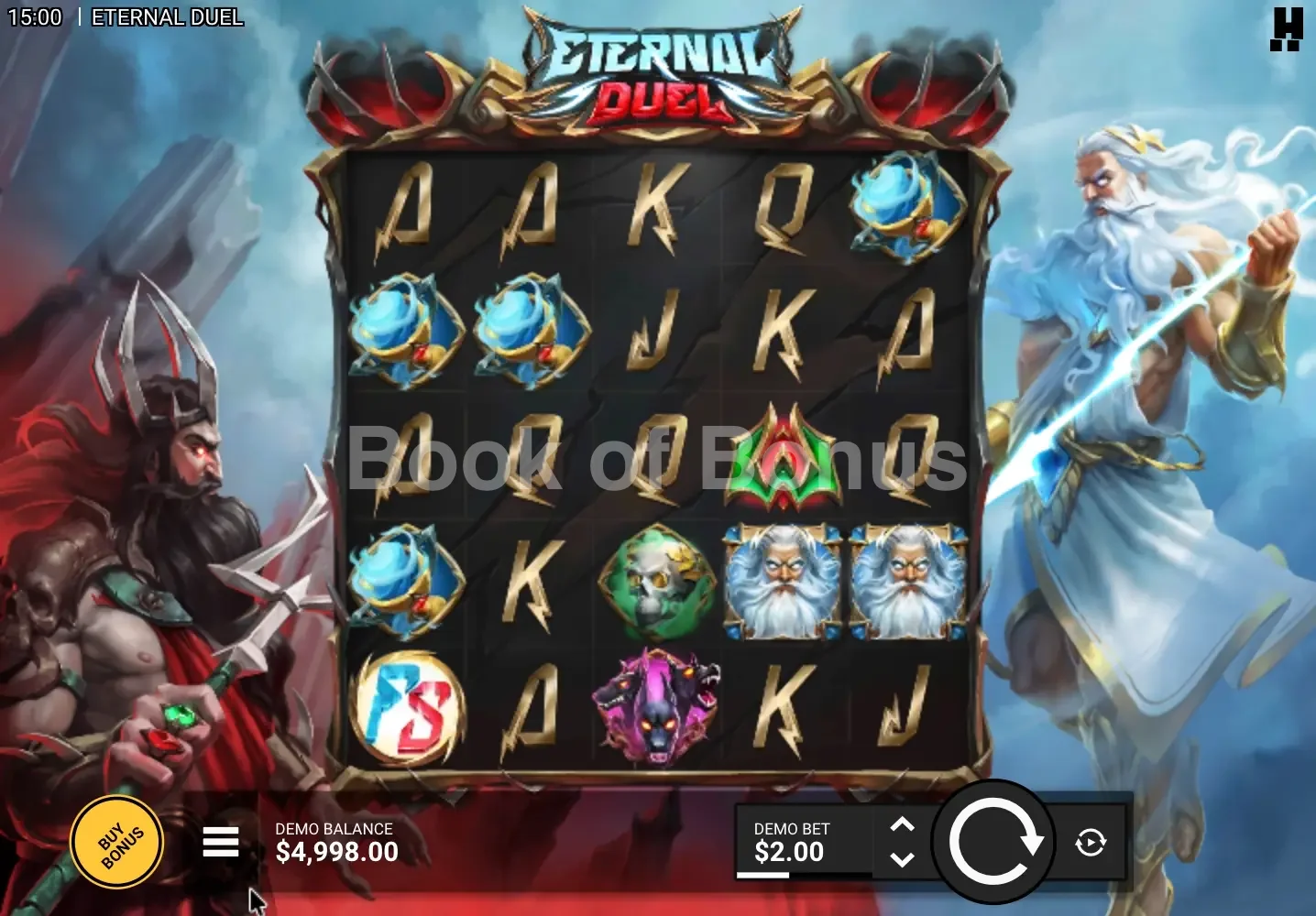 Eternal Duel par Hacksaw Gaming - jeu de base et disposition des rouleaux