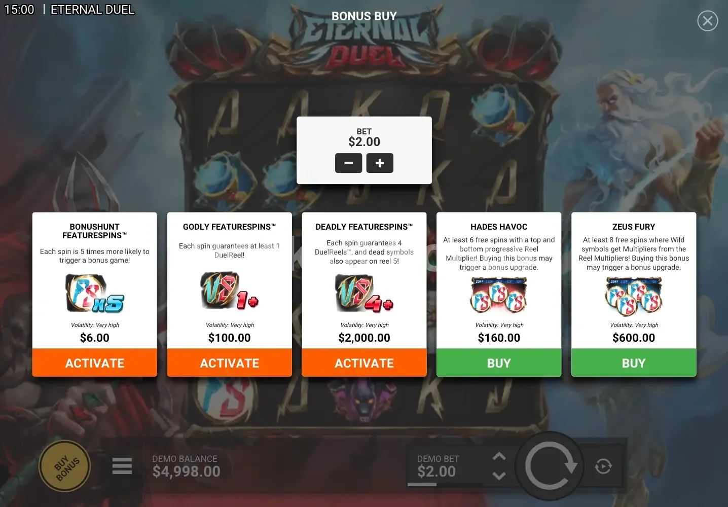 Eternal Duel par Hacksaw Gaming - menu d'achat de bonus et options