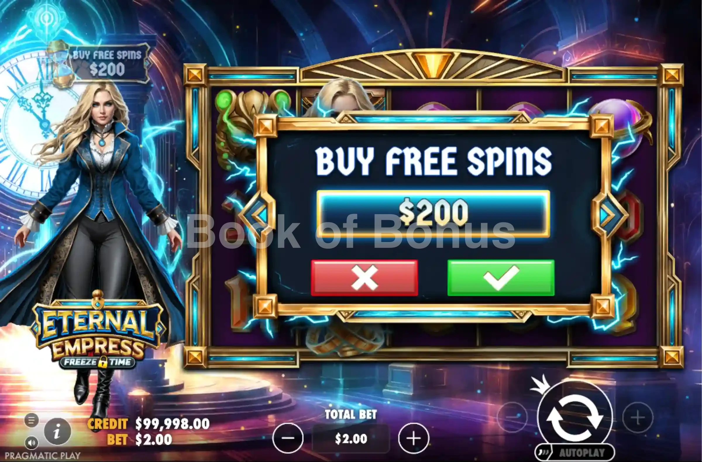 Eternal Empress Freeze Time par Pragmatic Play - menu d'achat de bonus et options