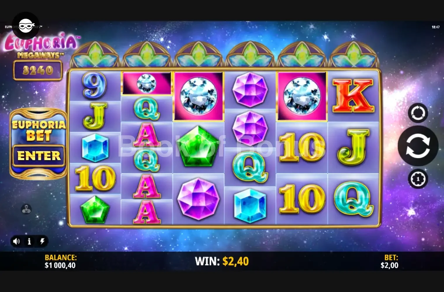 Euphoria Megaways par iSoftBet - jeu de base et disposition des rouleaux