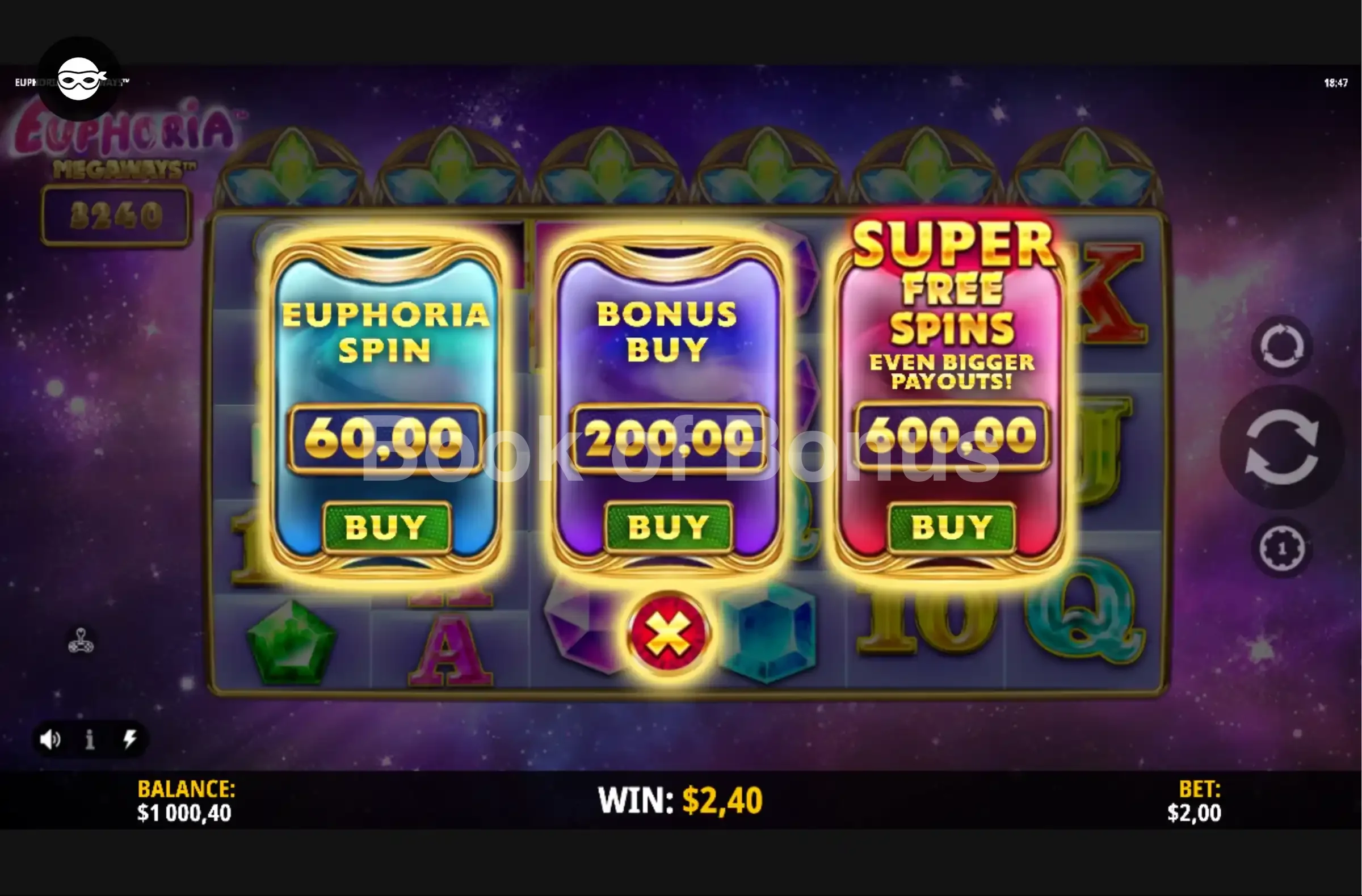 Euphoria Megaways par iSoftBet - menu d'achat de bonus et options