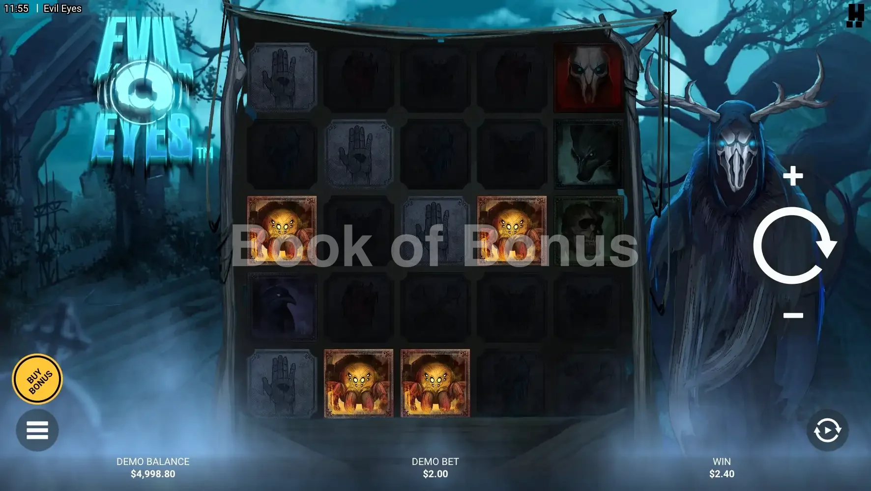 Evil Eyes par Hacksaw Gaming - jeu de base et disposition des rouleaux