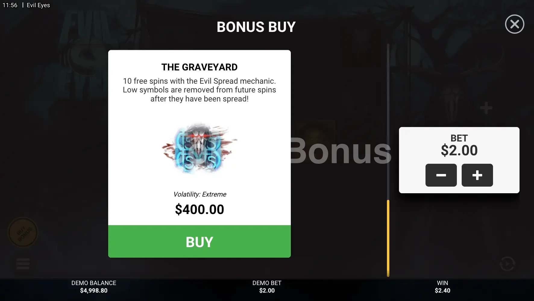 Evil Eyes par Hacksaw Gaming - menu d'achat de bonus et options