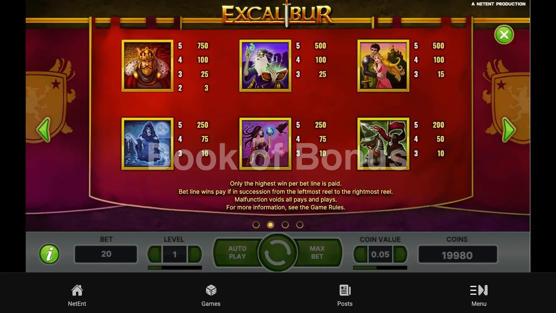 Excalibur par NetEnt - table des gains et valeurs des symboles