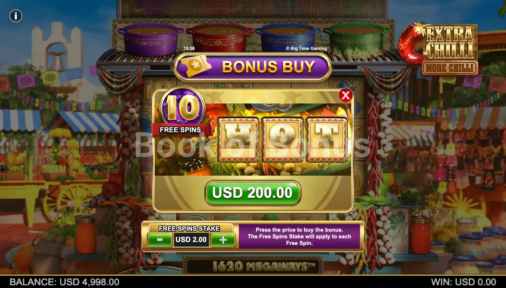Extra Chilli More Chilli par Big Time Gaming - menu d'achat de bonus et options