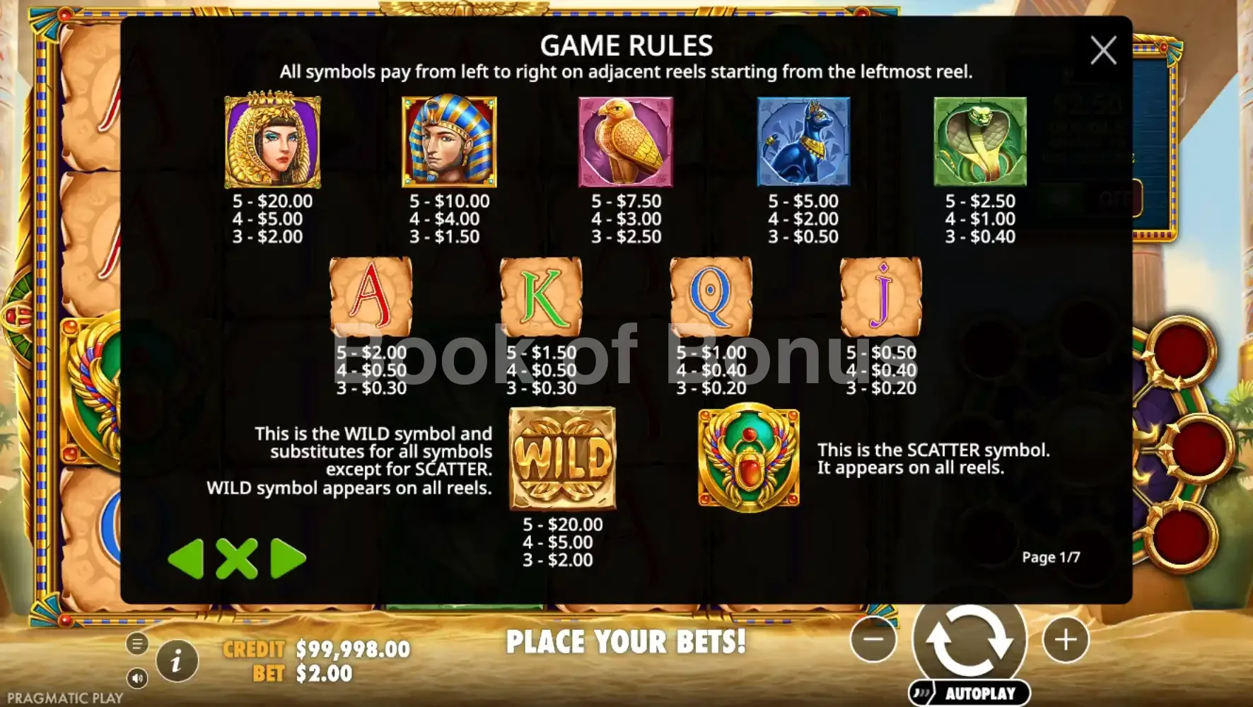 Eye of Cleopatra par Pragmatic Play - table des gains et valeurs des symboles