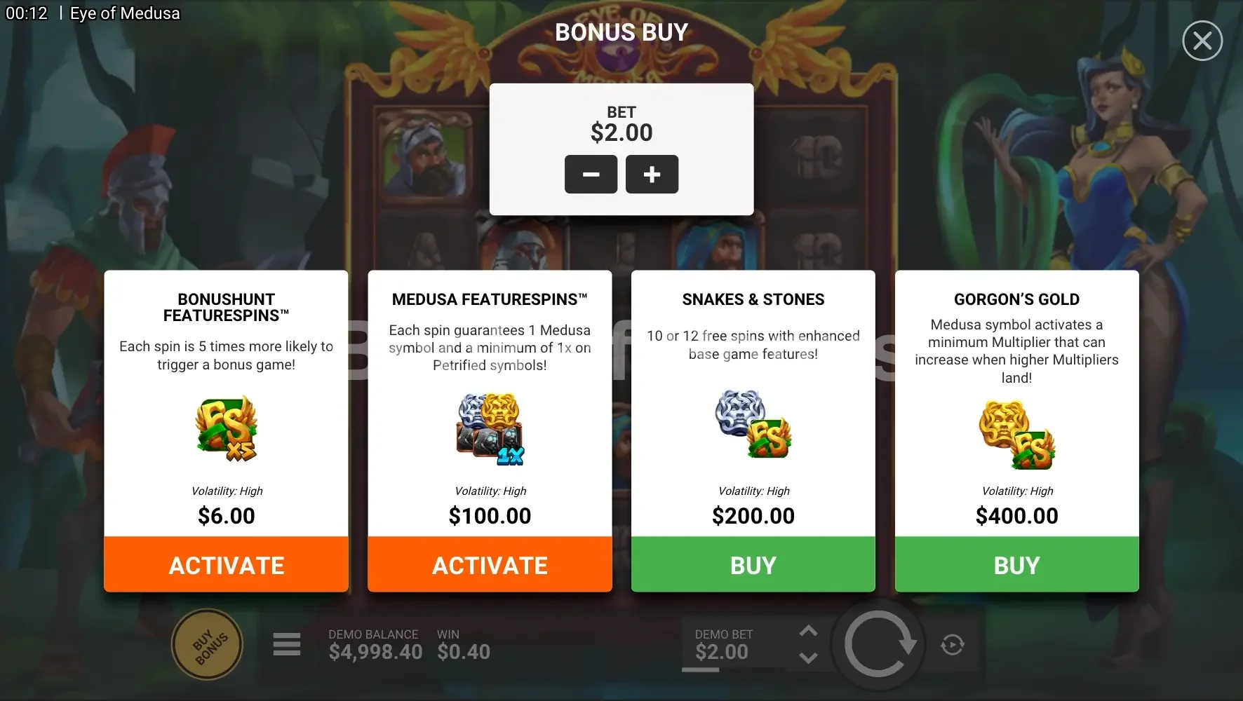 Eye of Medusa par Hacksaw Gaming - menu d'achat de bonus et options