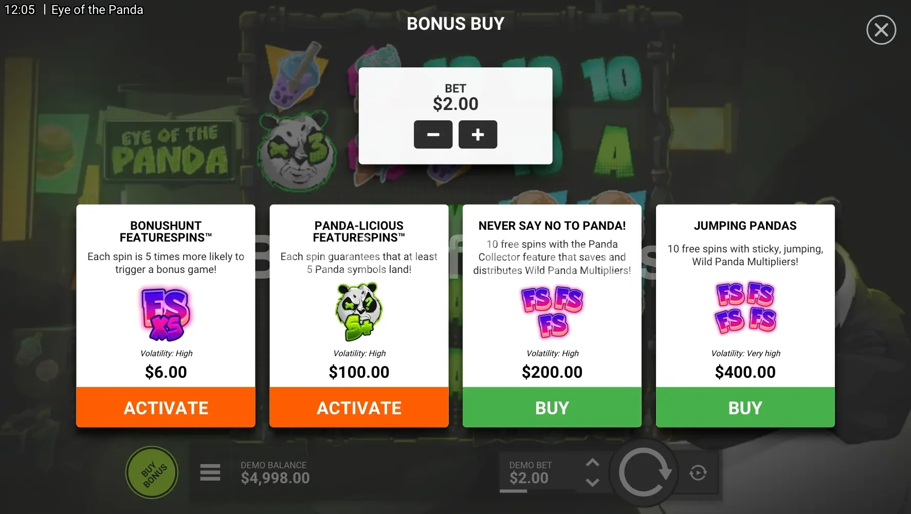 Eye of the Panda par Hacksaw Gaming - menu d'achat de bonus et options