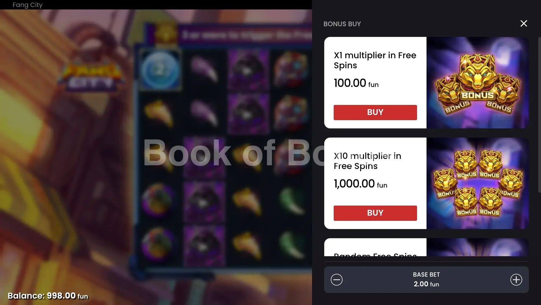 Fang City par Push Gaming - menu d'achat de bonus et options