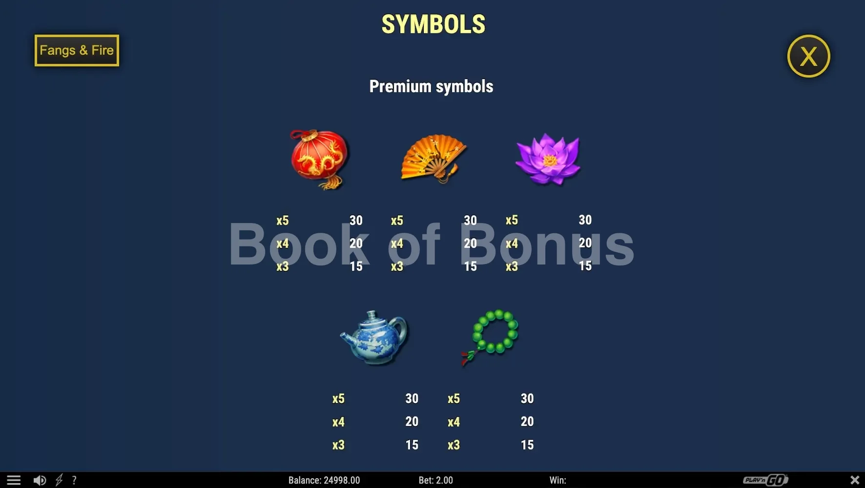 Fangs & Fire par Play'n GO - table des gains et valeurs des symboles