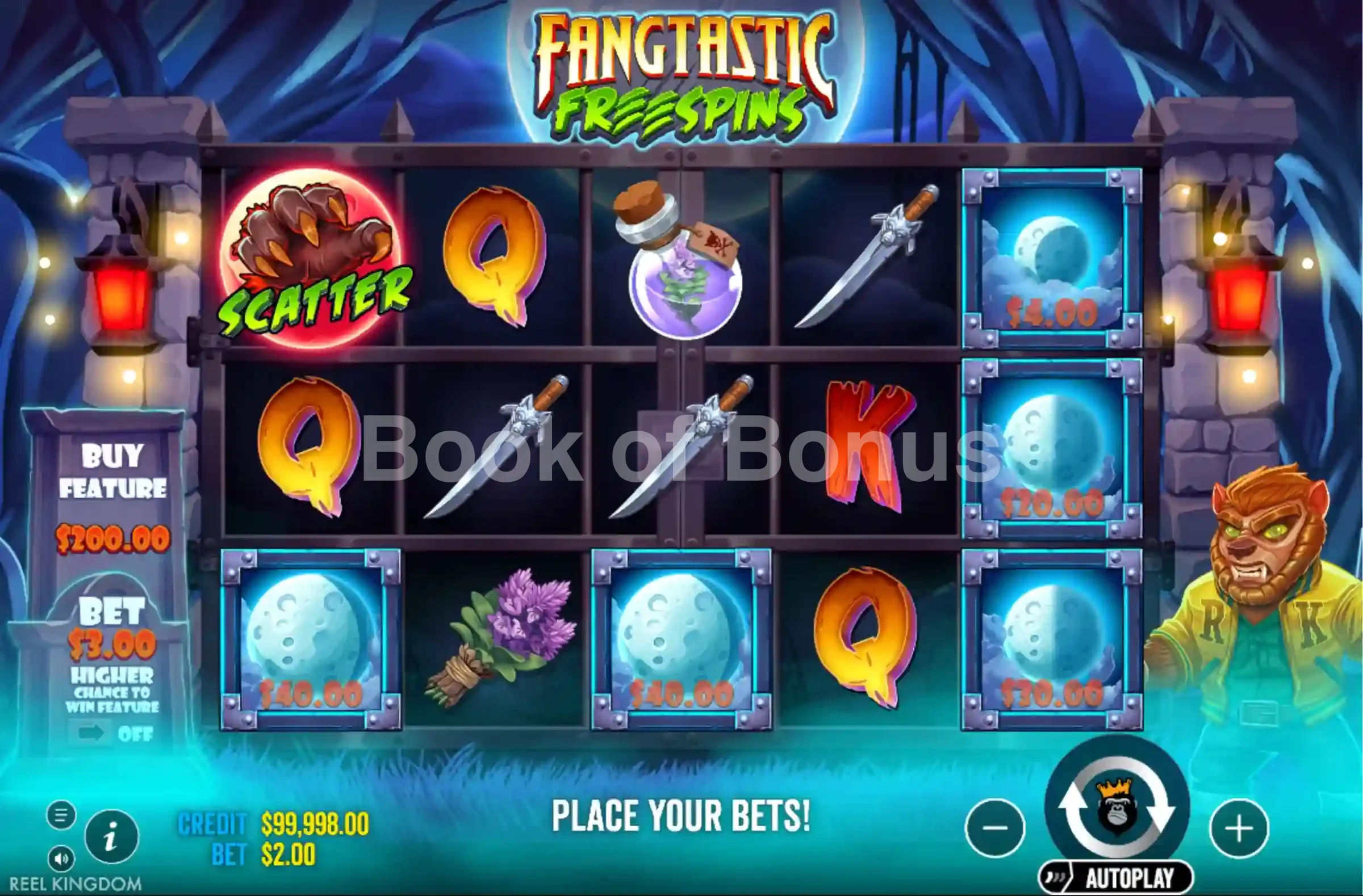 Fangtastic Freespins par Pragmatic Play - jeu de base et disposition des rouleaux