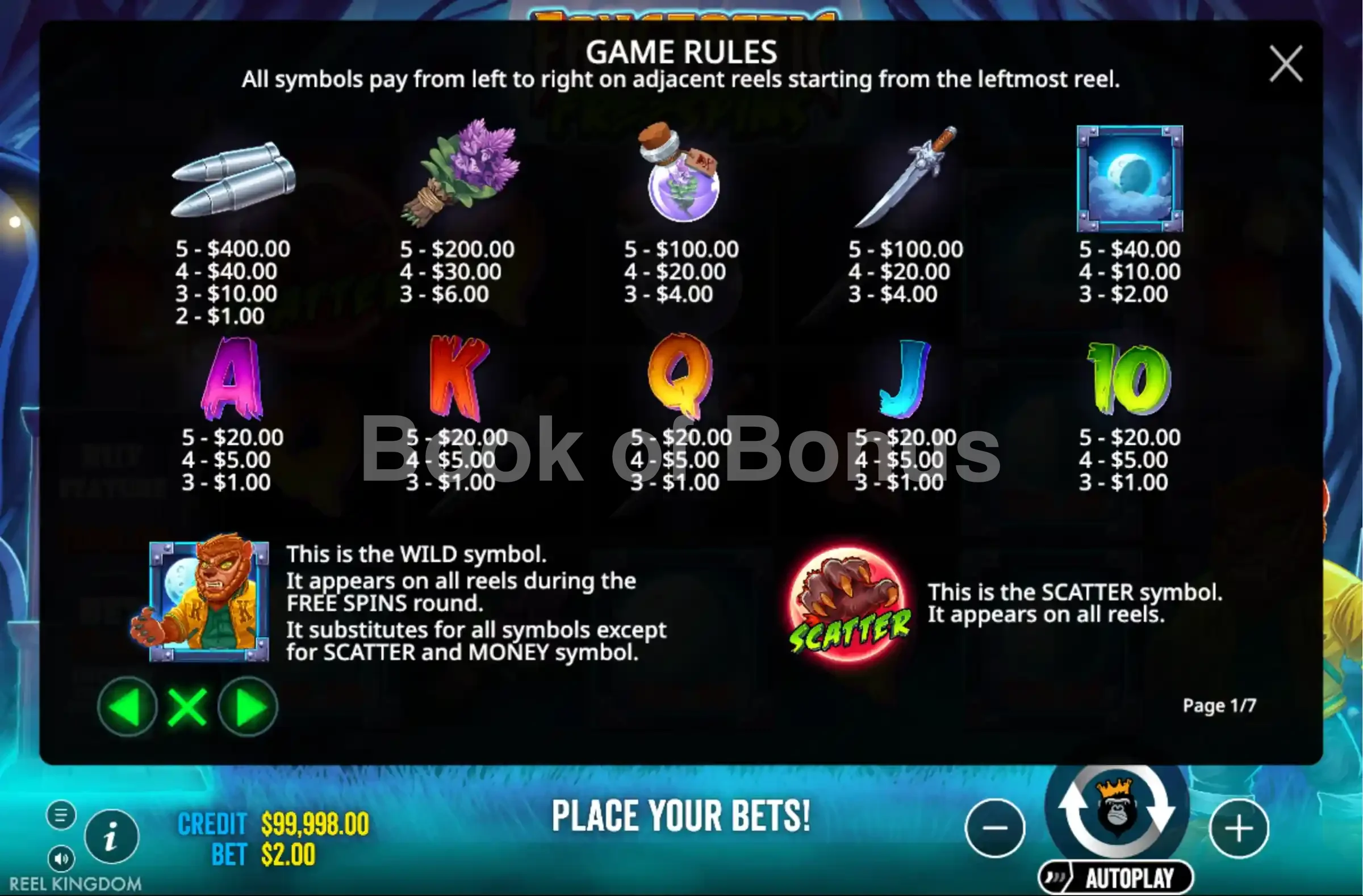 Fangtastic Freespins par Pragmatic Play - table des gains et valeurs des symboles