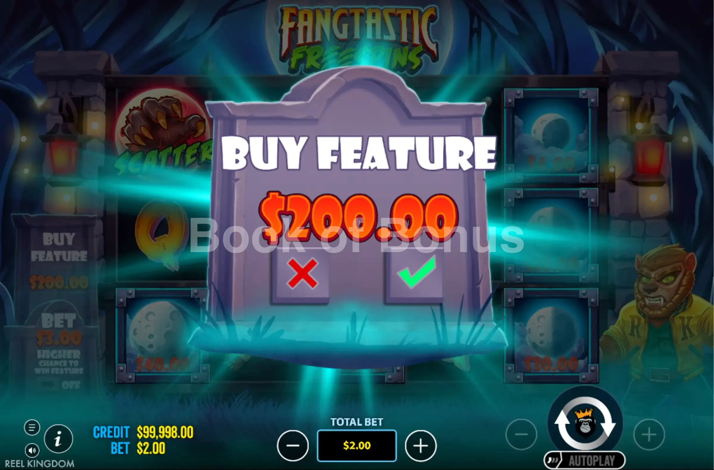 Fangtastic Freespins par Pragmatic Play - menu d'achat de bonus et options