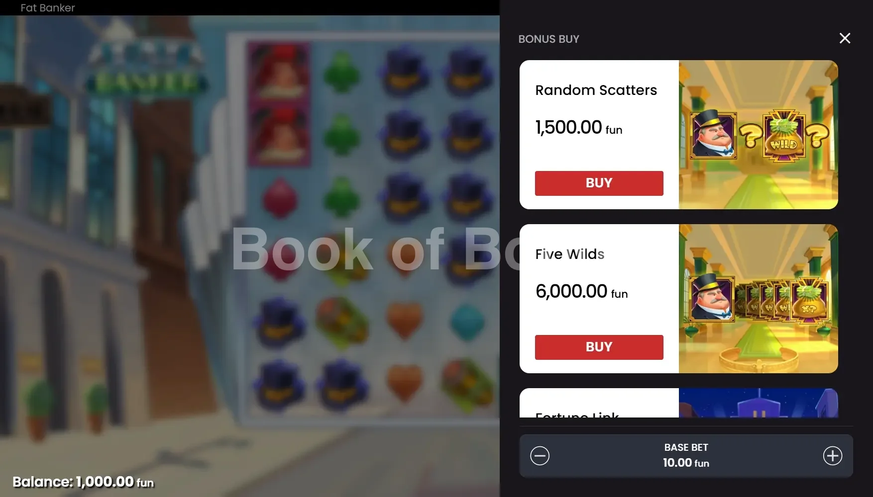 Fat Banker par Push Gaming - menu d'achat de bonus et options