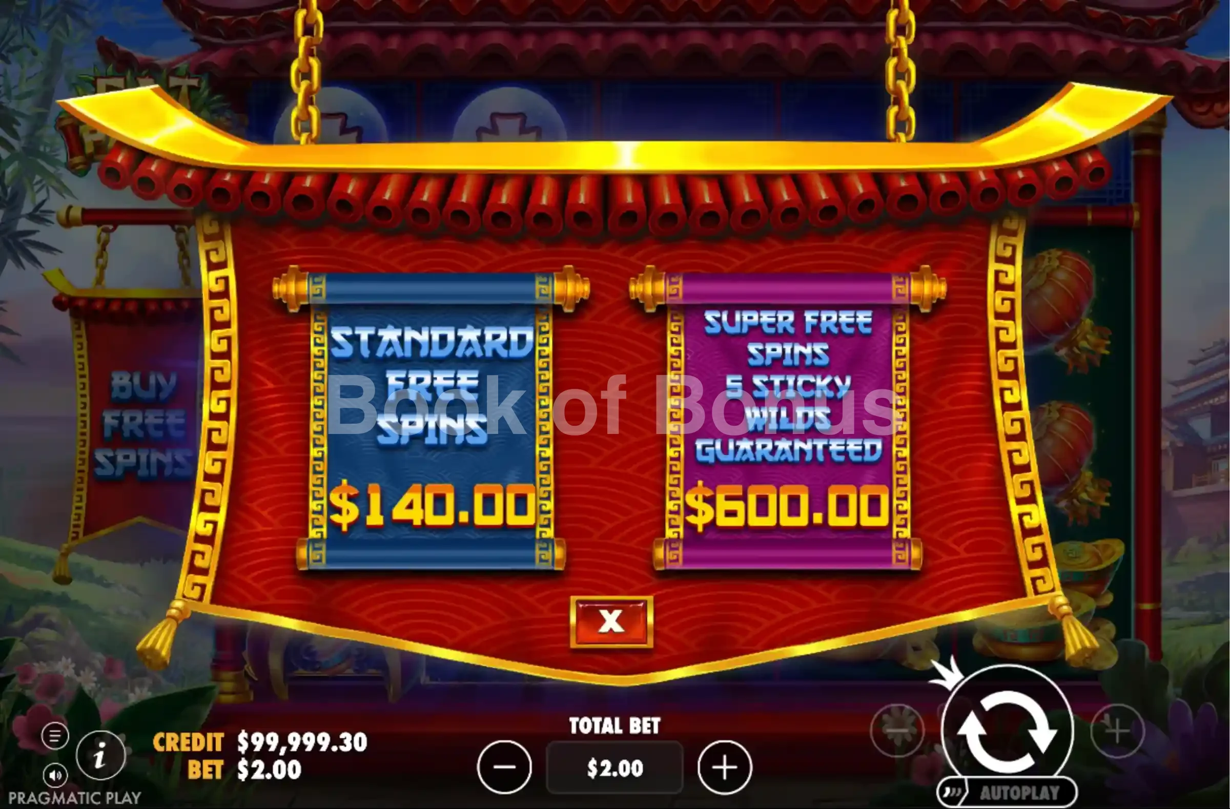 Fat Panda par Pragmatic Play - menu d'achat de bonus et options