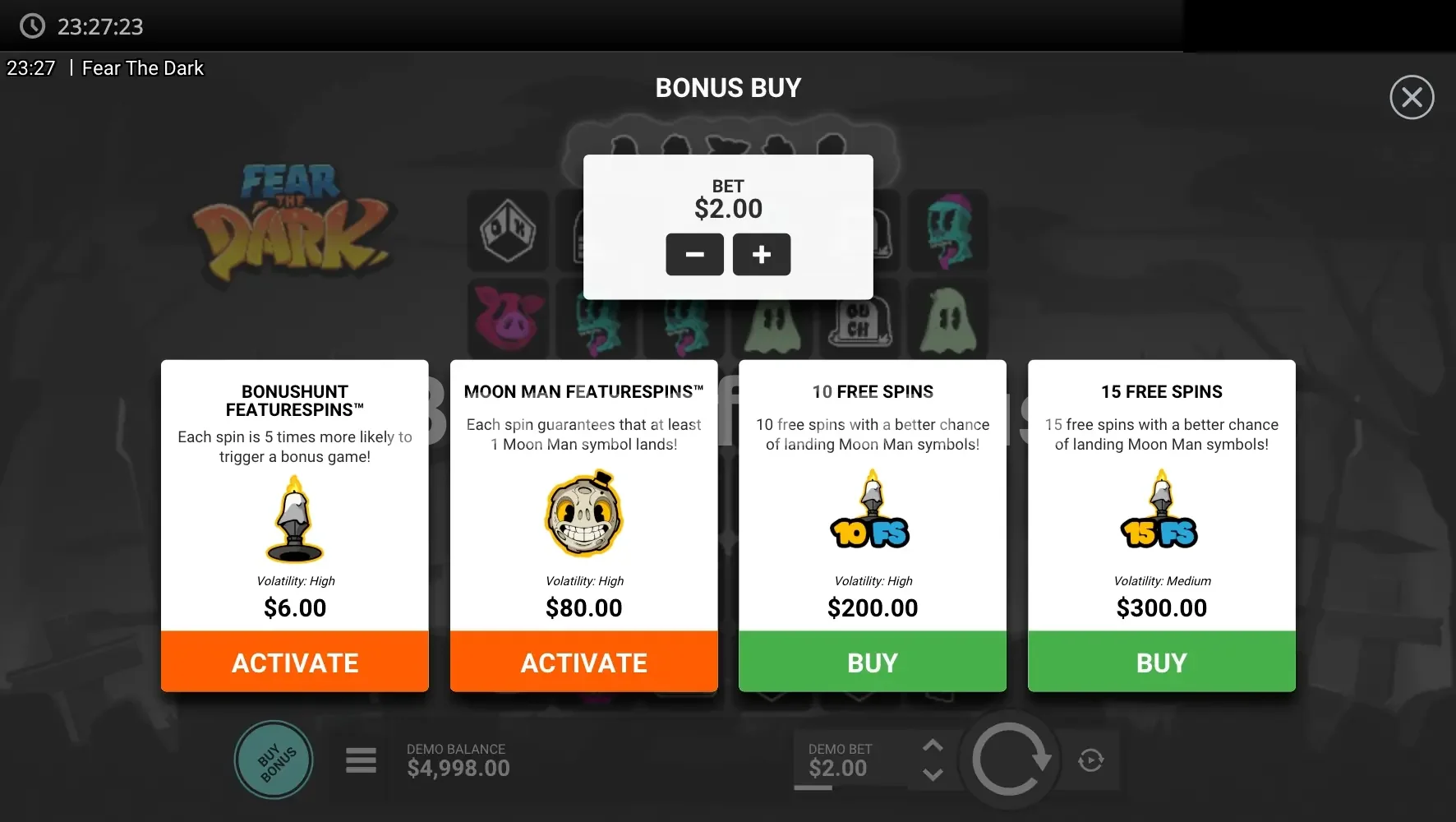 Fear the Dark par Hacksaw Gaming - menu d'achat de bonus et options