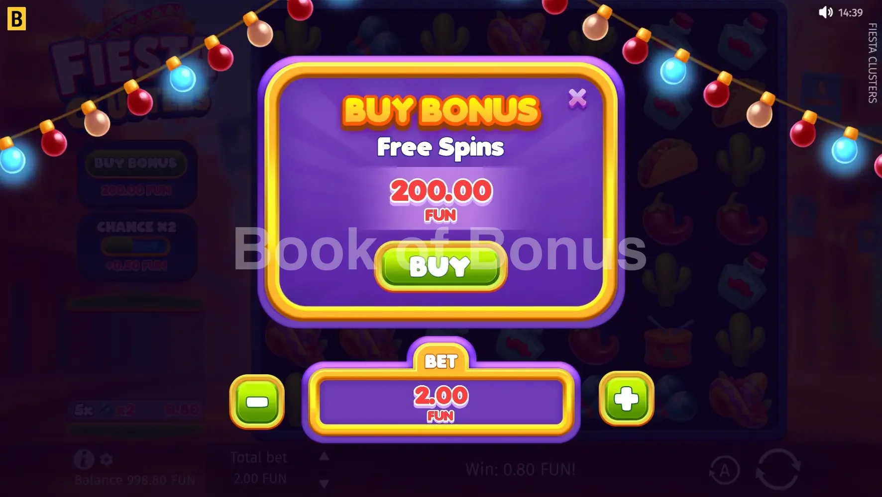 Fiesta Clusters par BGaming - menu d'achat de bonus et options