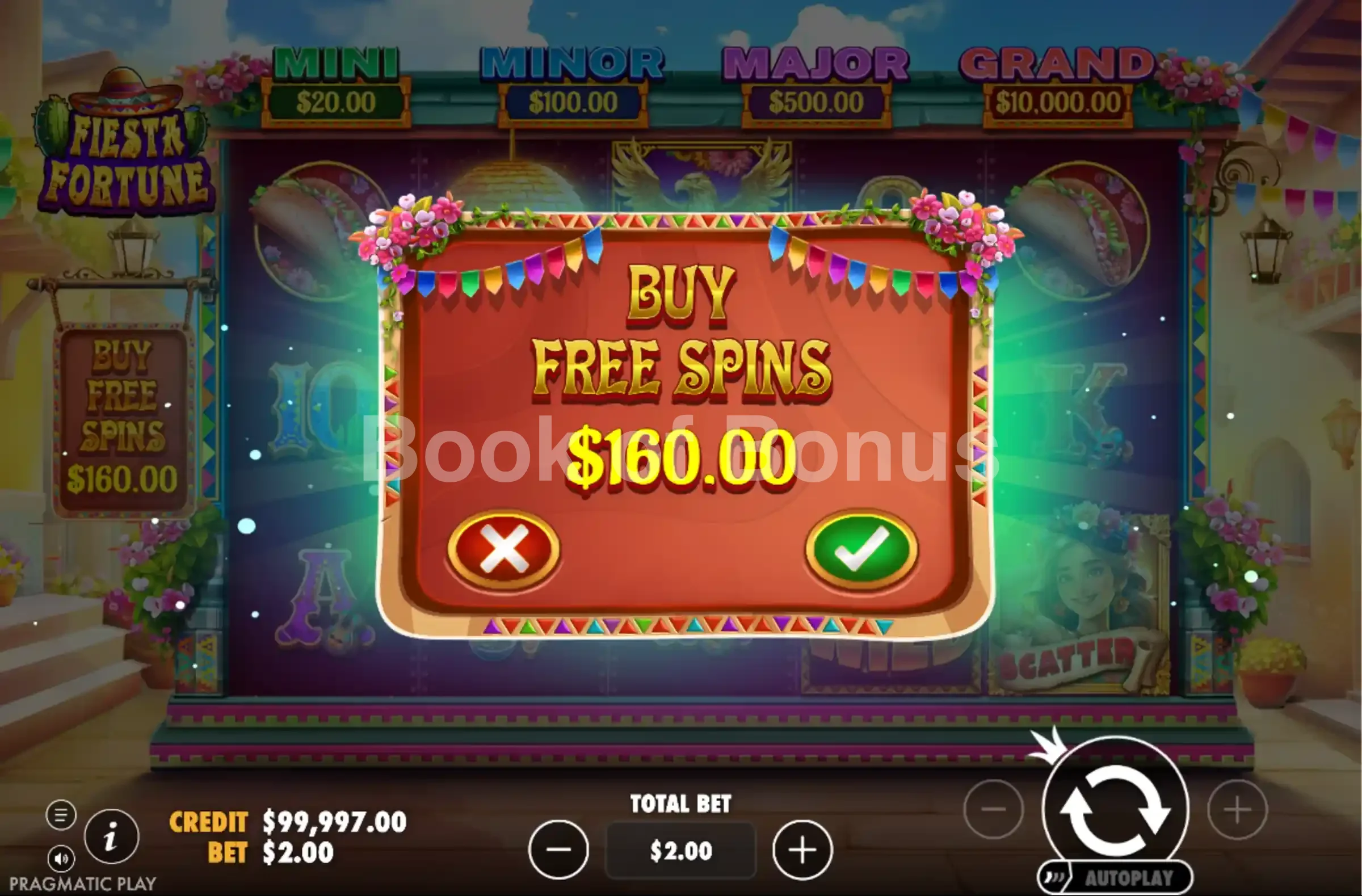 Fiesta Fortune par Pragmatic Play - menu d'achat de bonus et options