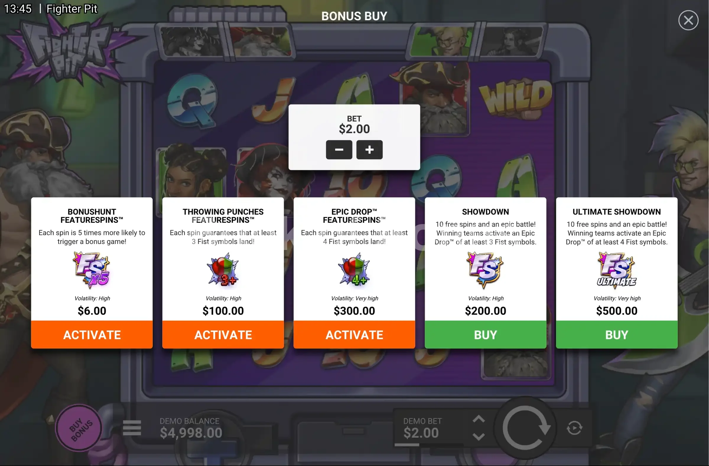 Fighter Pit par Hacksaw Gaming - menu d'achat de bonus et options
