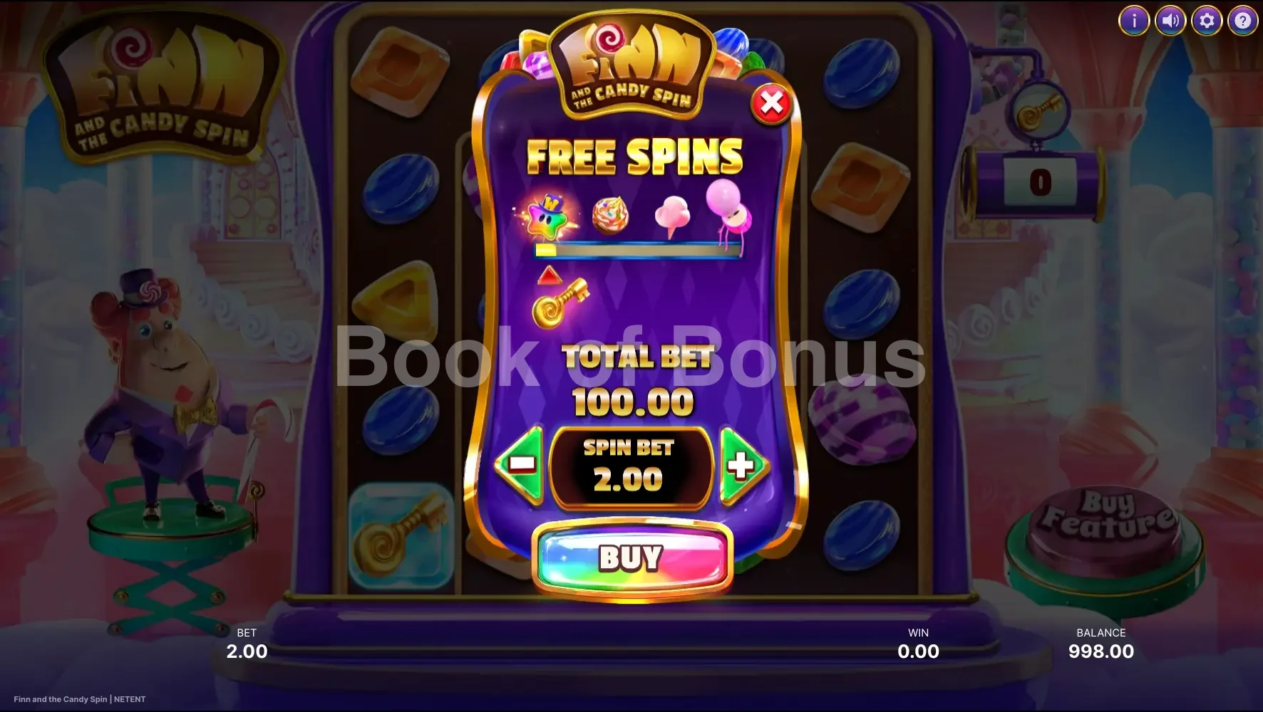 Finn and The Candy Spin par NetEnt - menu d'achat de bonus et options