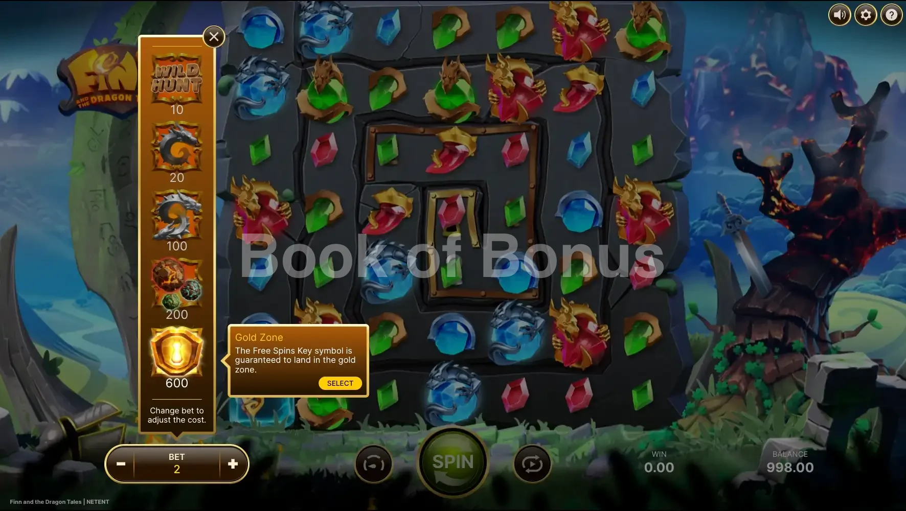 Finn and the Dragon Tales par NetEnt - menu d'achat de bonus et options
