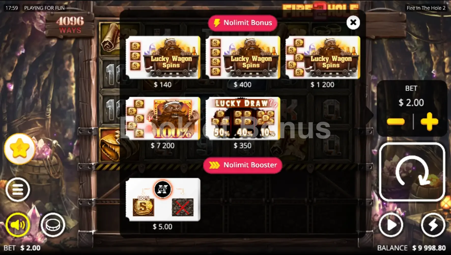Fire In The Hole 2 par Nolimit City - menu d'achat de bonus et options
