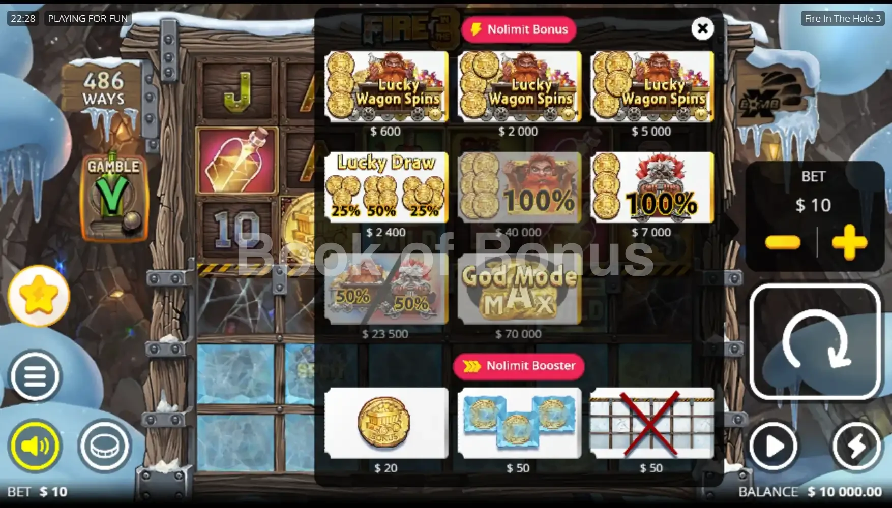 Fire in the Hole 3 par Nolimit City - menu d'achat de bonus et options