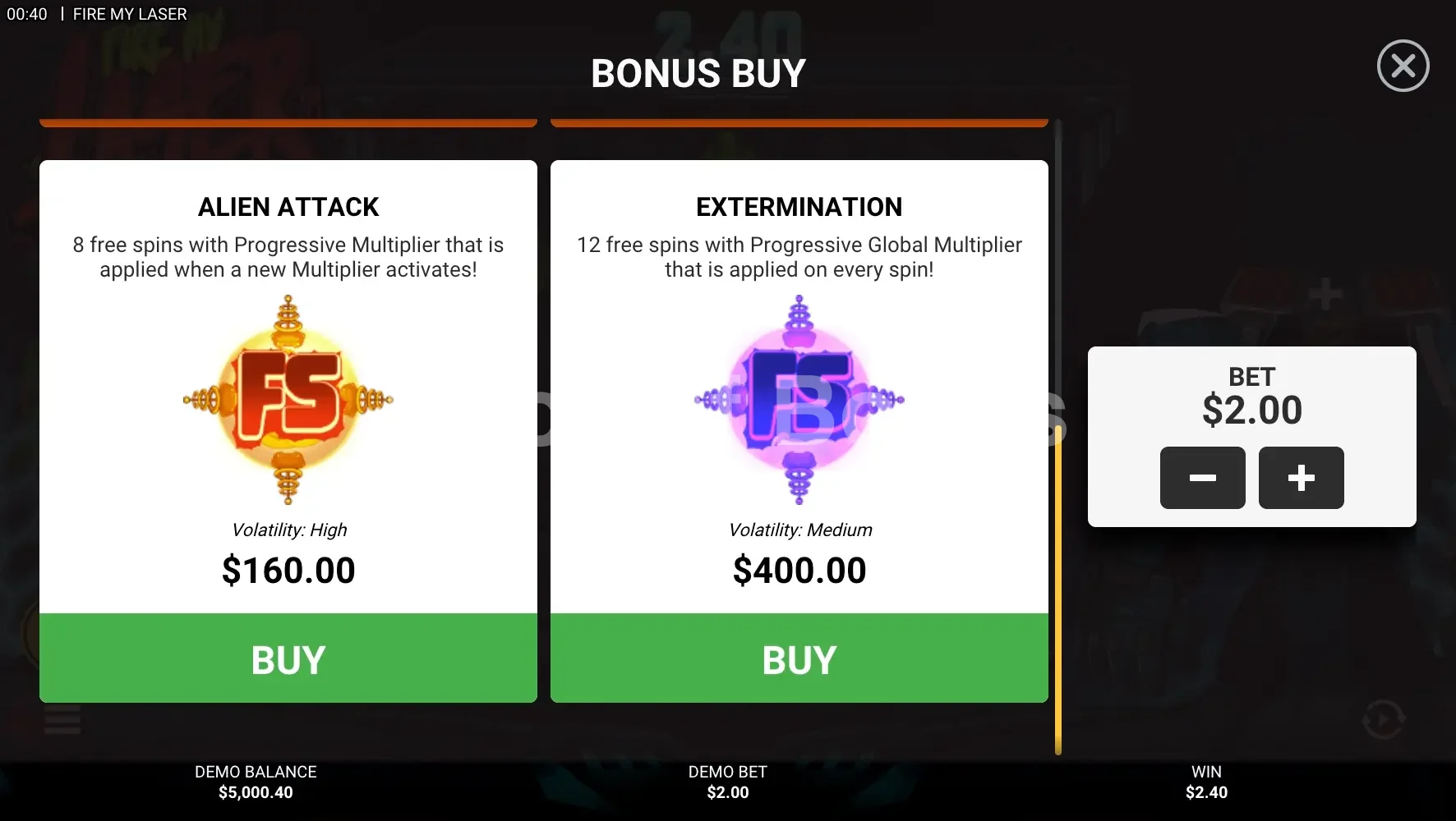 Achat de bonus Fire My Laser