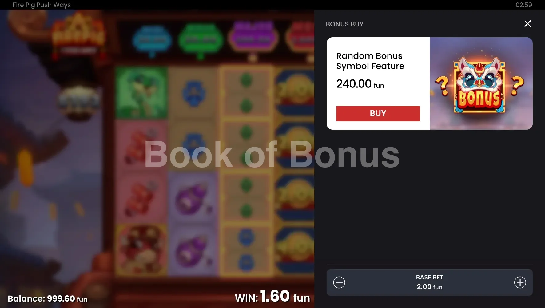 Fire Pig Push Ways par Push Gaming - menu d'achat de bonus et options