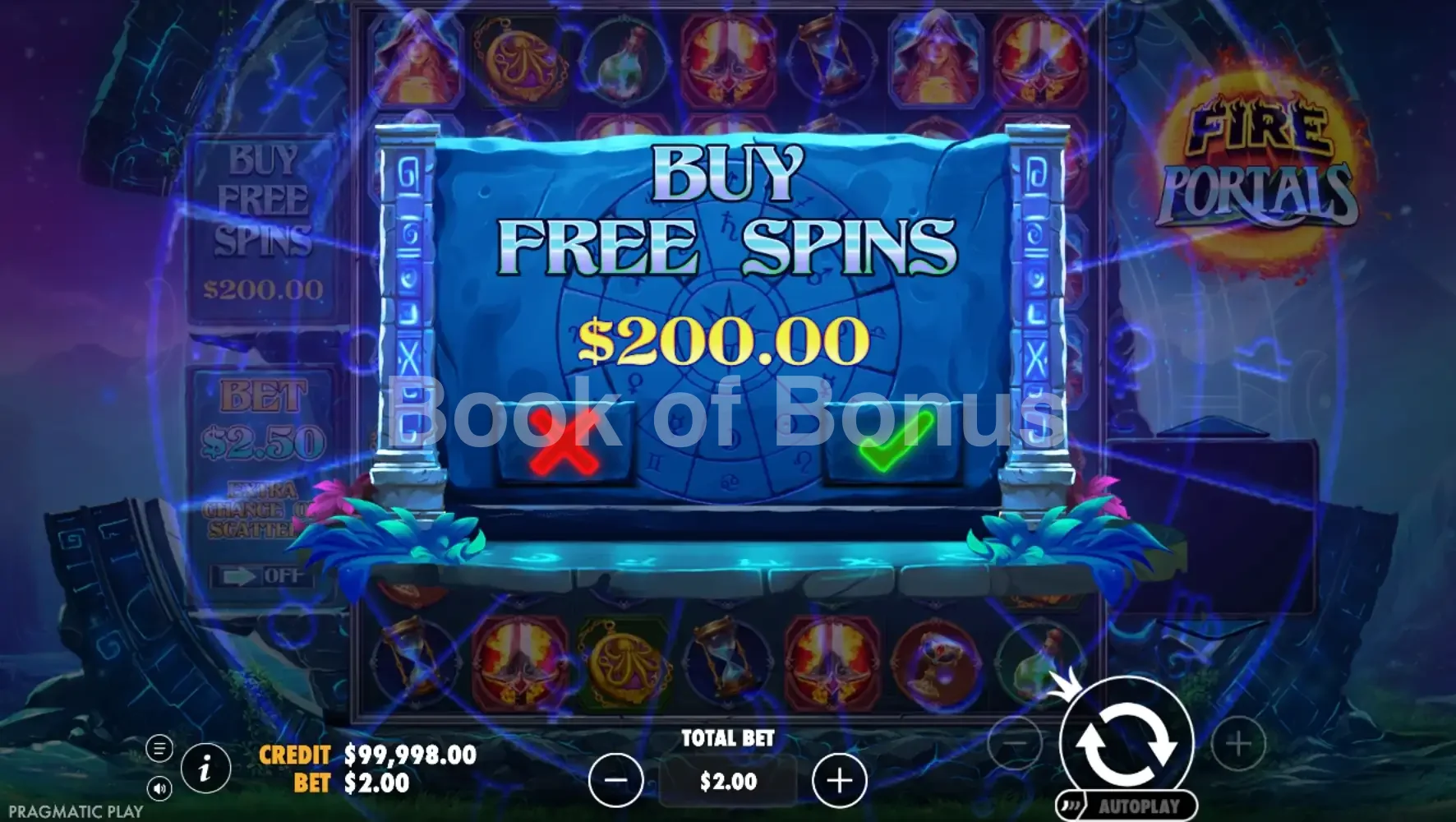 Fire Portals par Pragmatic Play - menu d'achat de bonus et options