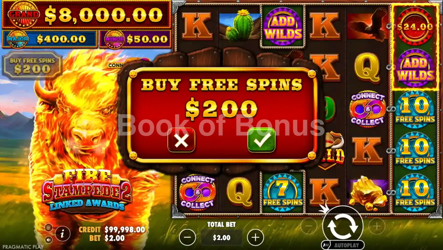 Fire Stampede 2 par Pragmatic Play - menu d'achat de bonus et options