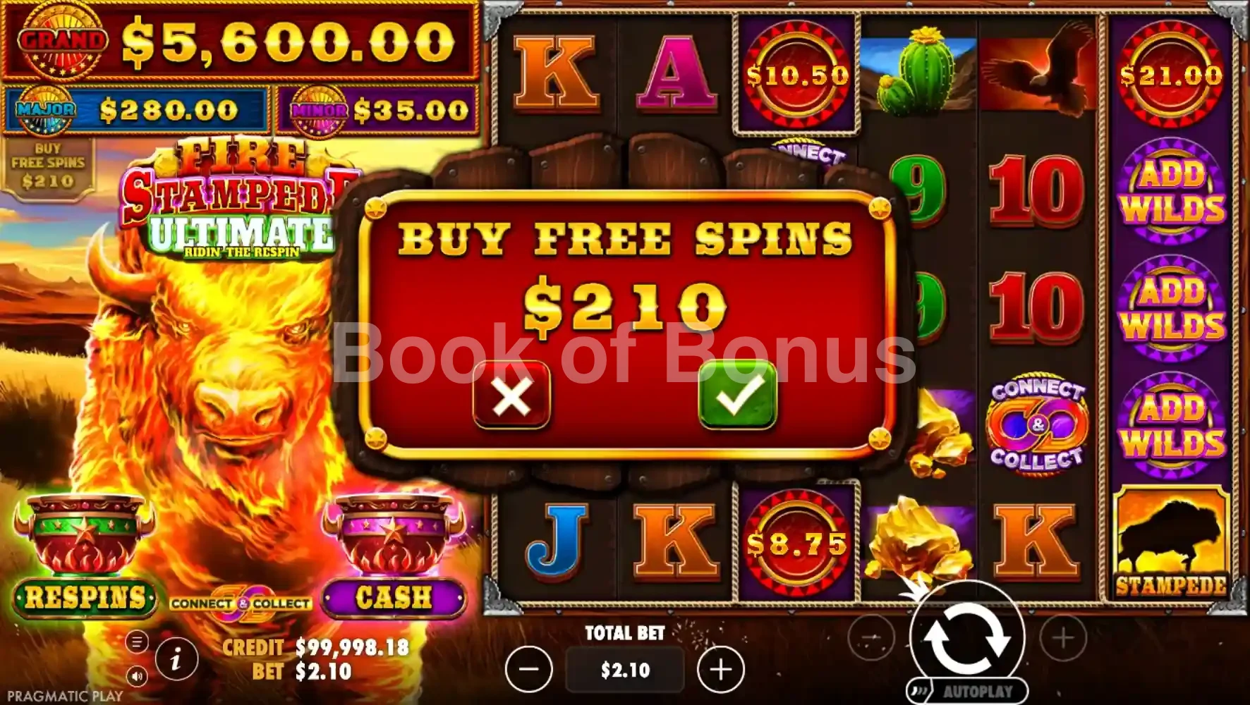 Fire Stampede Ultimate par Pragmatic Play - menu d'achat de bonus et options