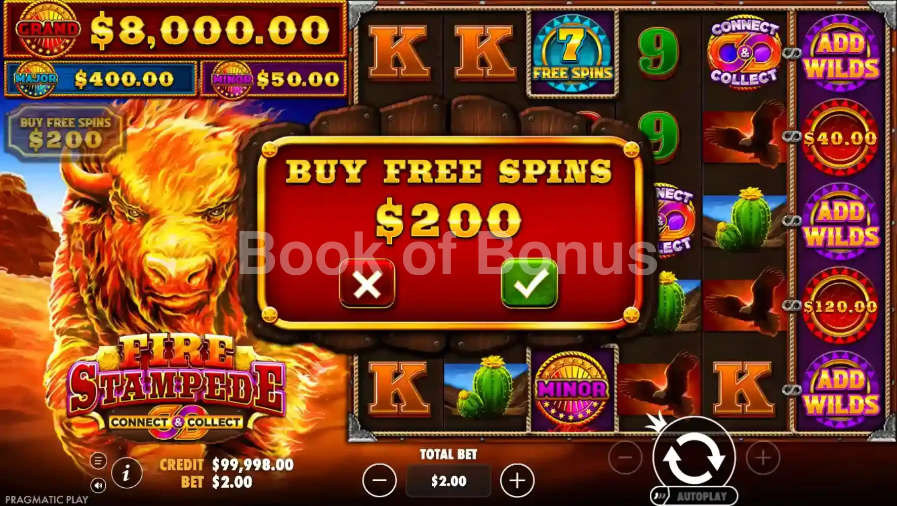Fire Stampede par Pragmatic Play - menu d'achat de bonus et options