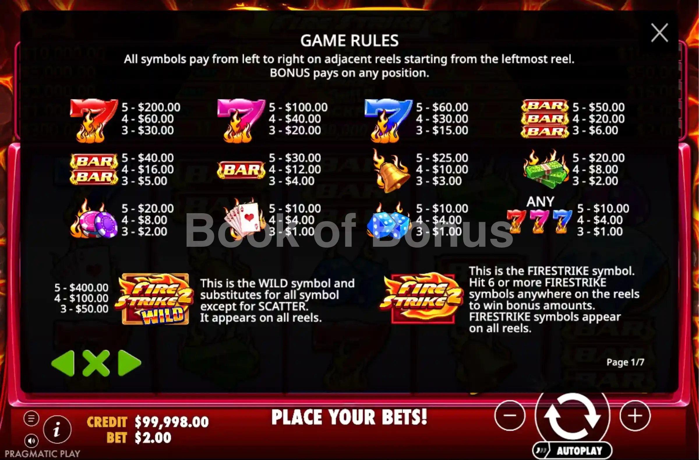 Fire Strike 2 par Pragmatic Play - table des gains et valeurs des symboles