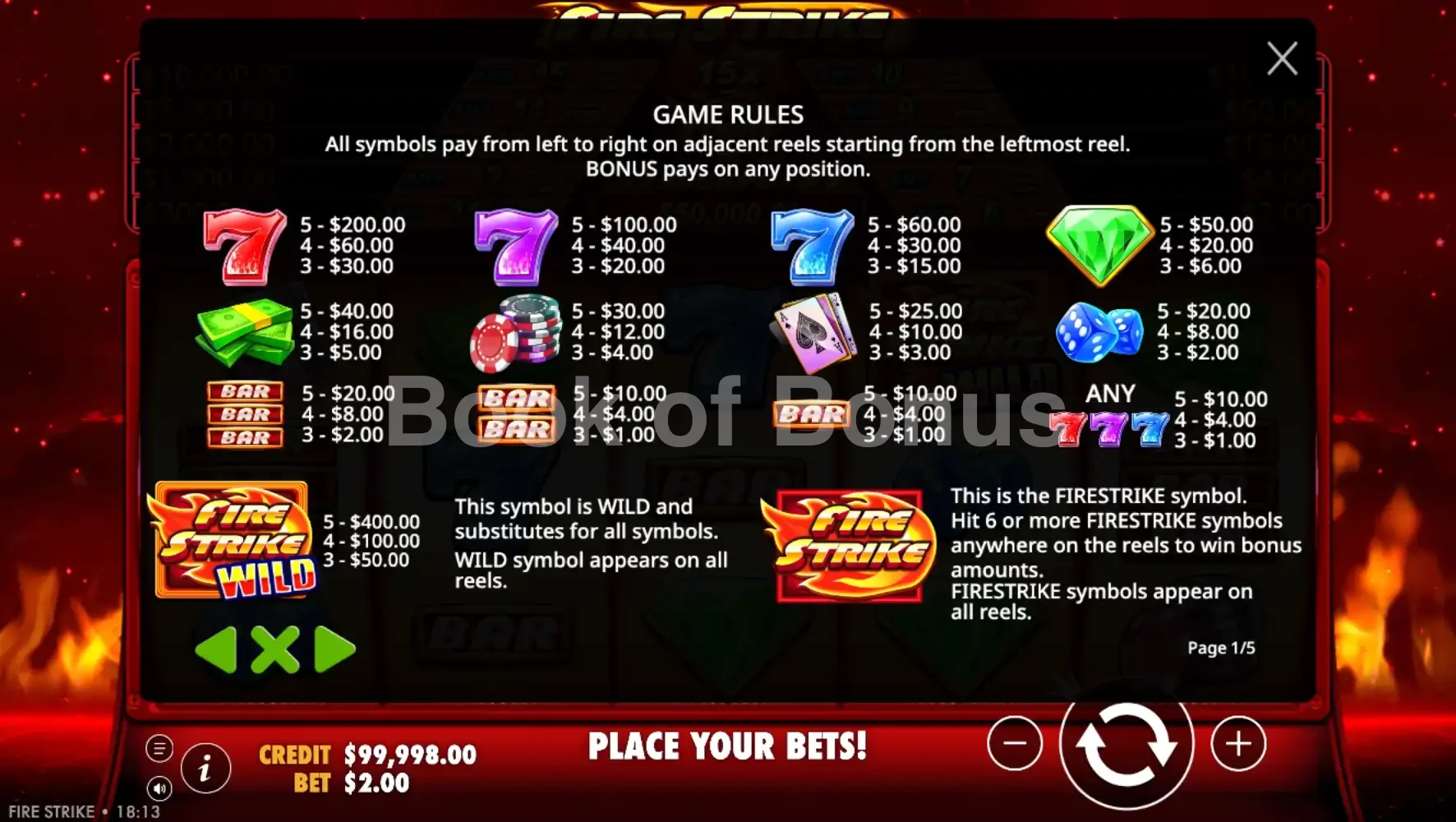 Fire Strike par Pragmatic Play - table des gains et valeurs des symboles