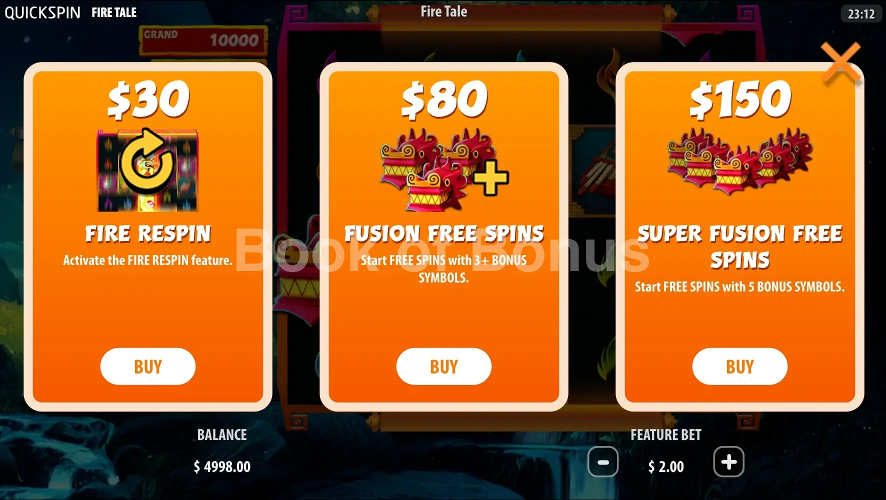 Fire Tale par Quickspin - menu d'achat de bonus et options