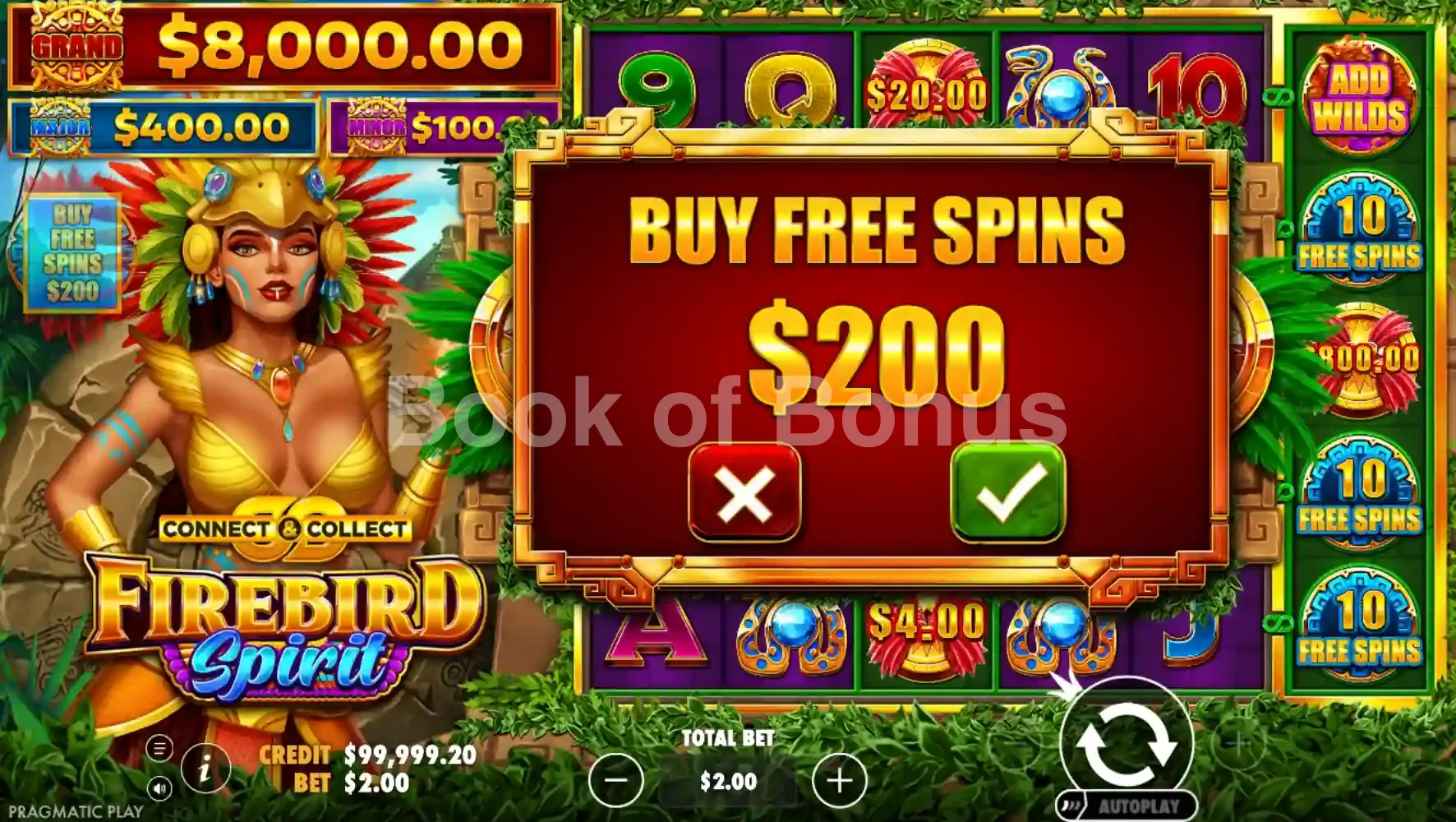 Firebird Spirit par Pragmatic Play - menu d'achat de bonus et options