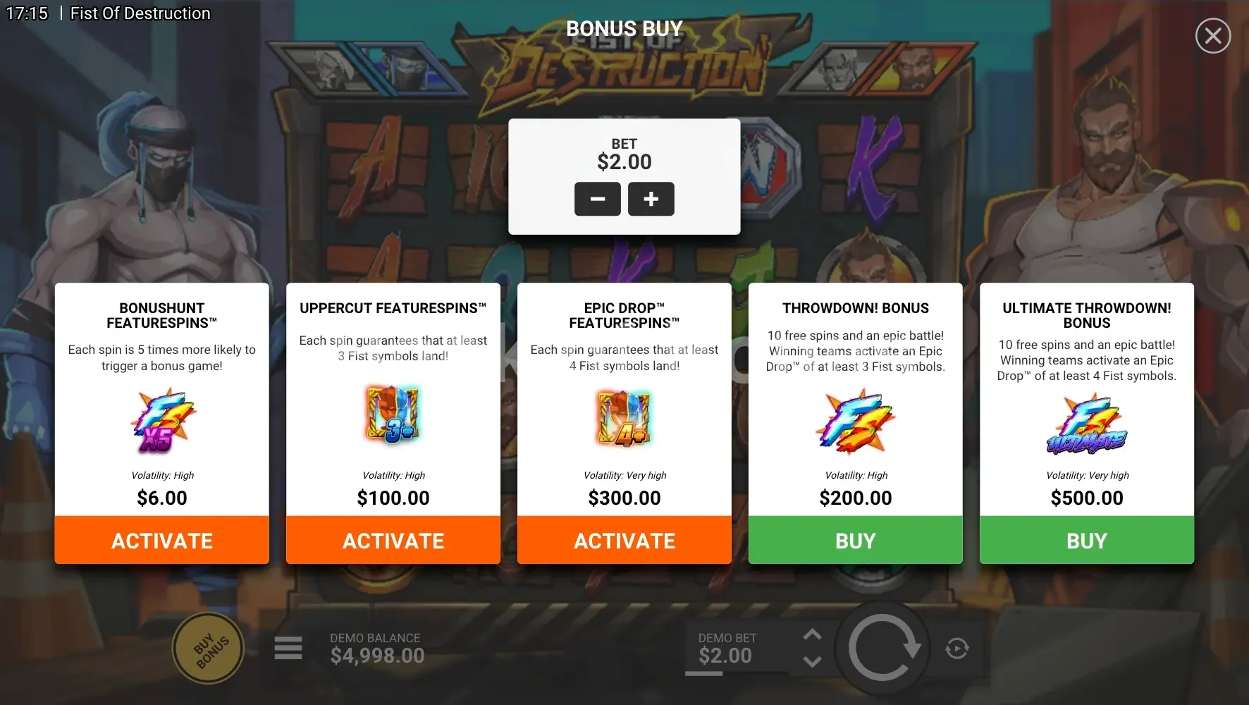 Fist of Destruction par Hacksaw Gaming - menu d'achat de bonus et options