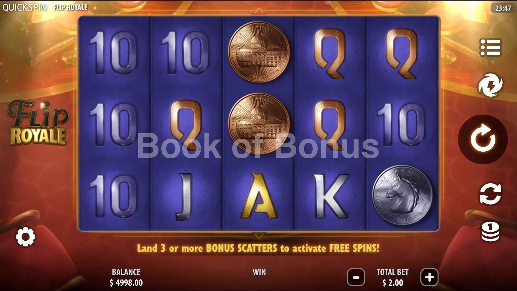 Flip Royale par Quickspin - jeu de base et disposition des rouleaux
