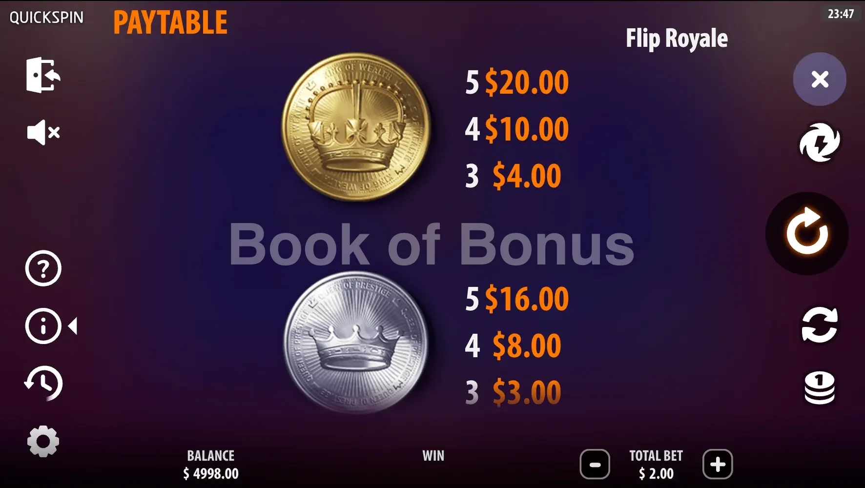 Flip Royale par Quickspin - table des gains et valeurs des symboles