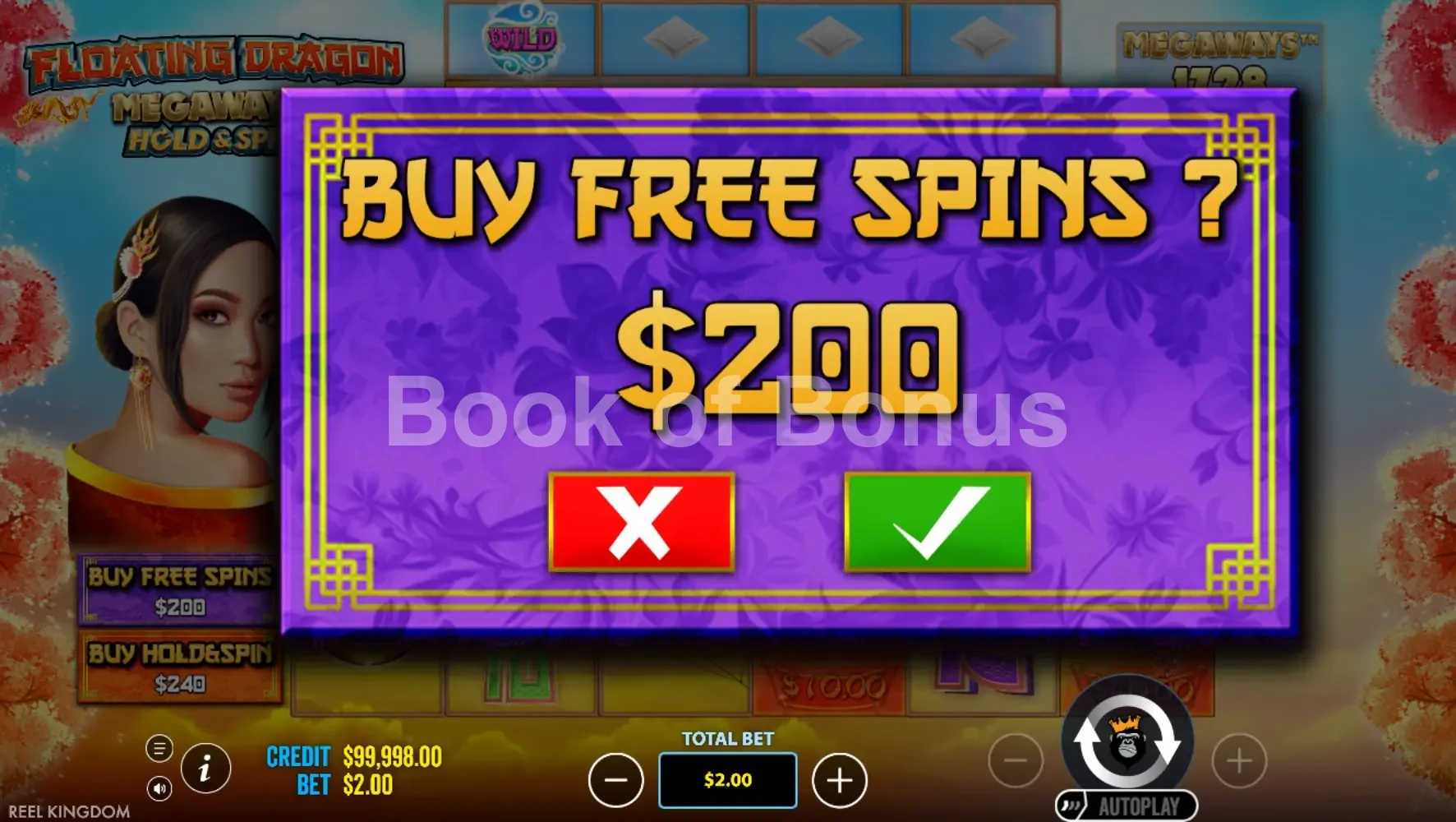 Floating Dragon Megaways par Reel Kingdom - menu d'achat de bonus et options