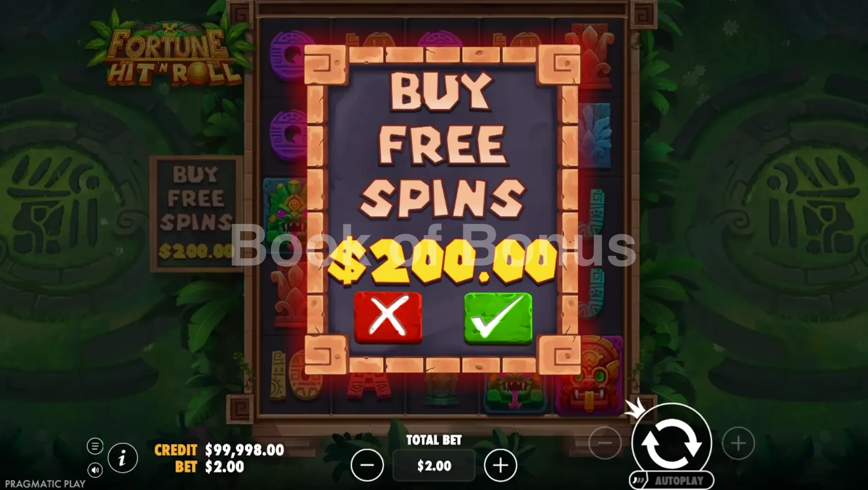 Fortune Hit 'N' Roll par Pragmatic Play - menu d'achat de bonus et options