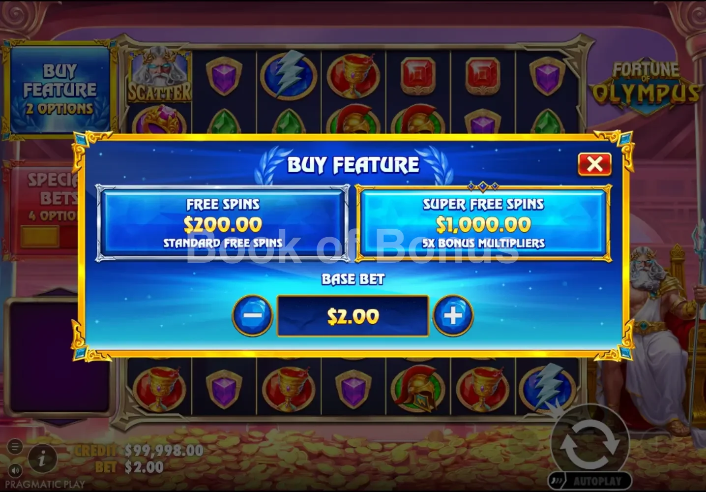 Fortune of Olympus par Pragmatic Play - menu d'achat de bonus et options