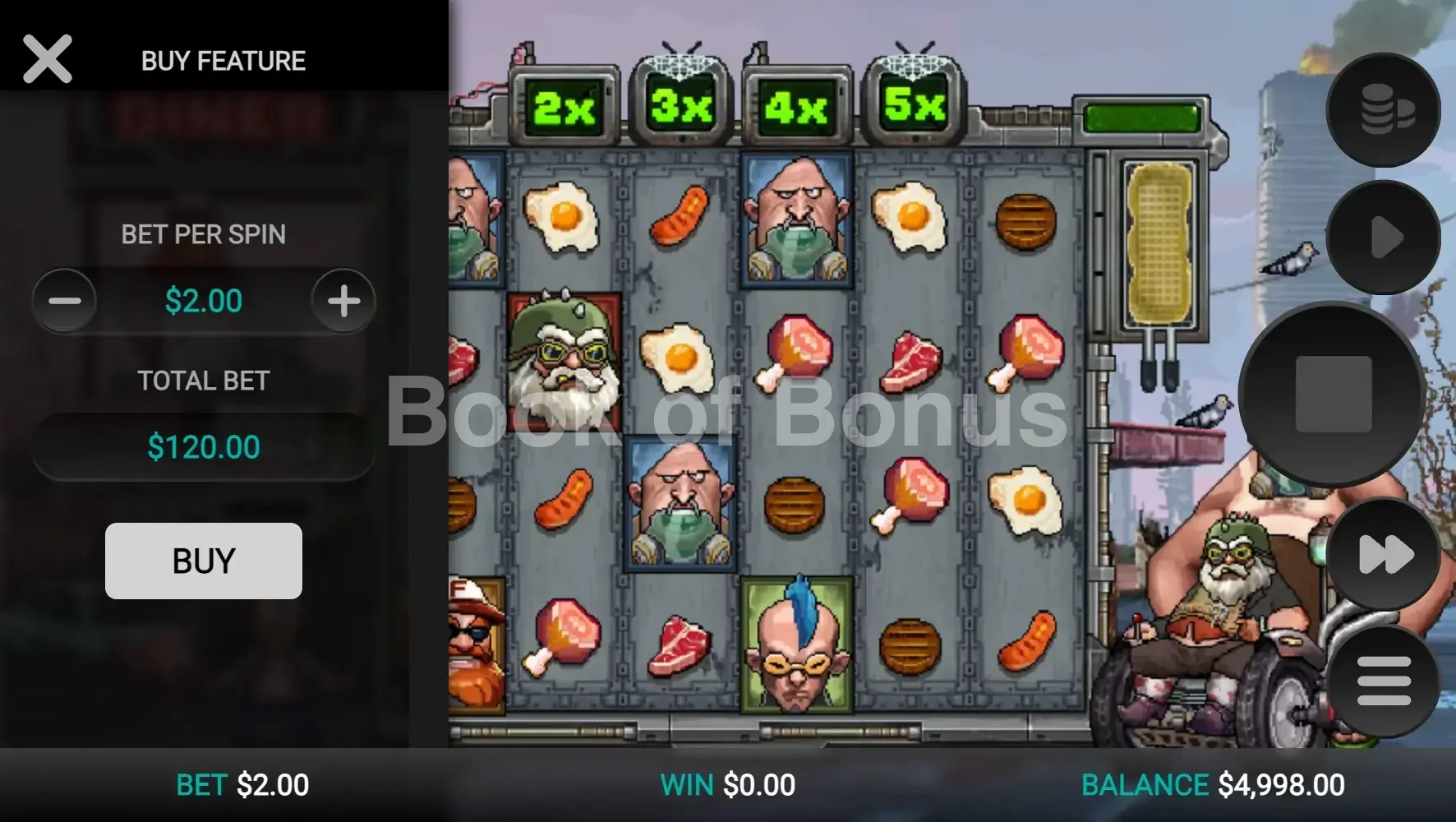 Frank's Diner par Relax Gaming - menu d'achat de bonus et options