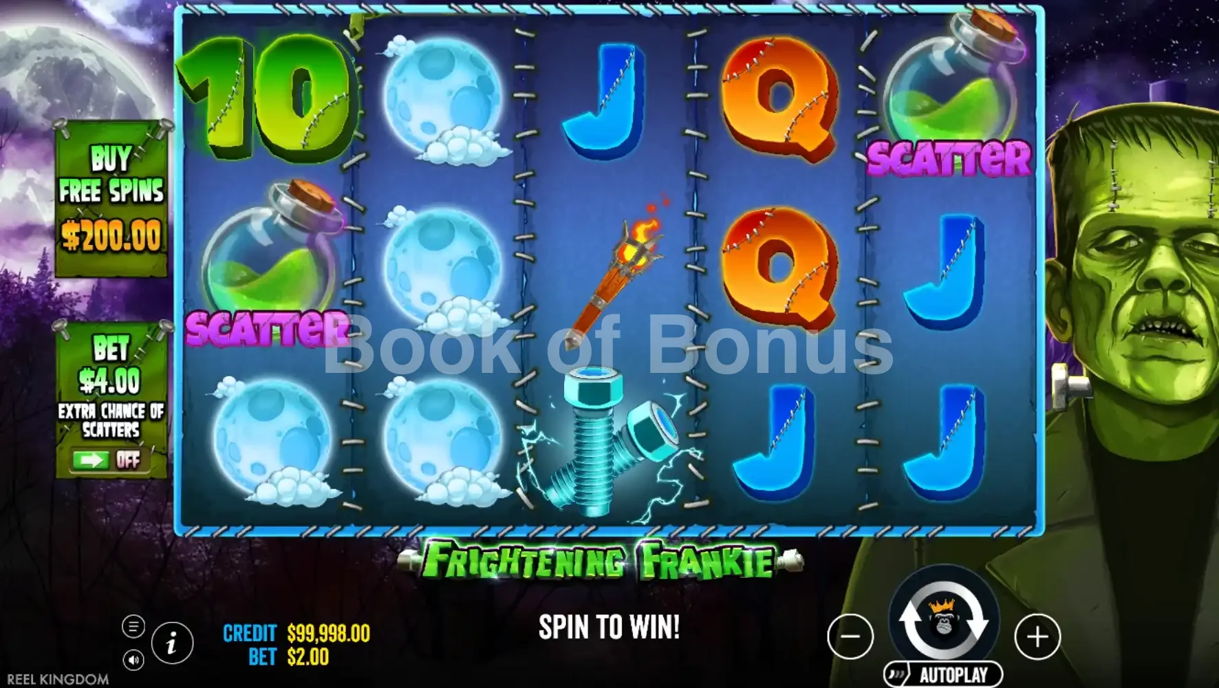 Frightening Frankie par Reel Kingdom - jeu de base et disposition des rouleaux
